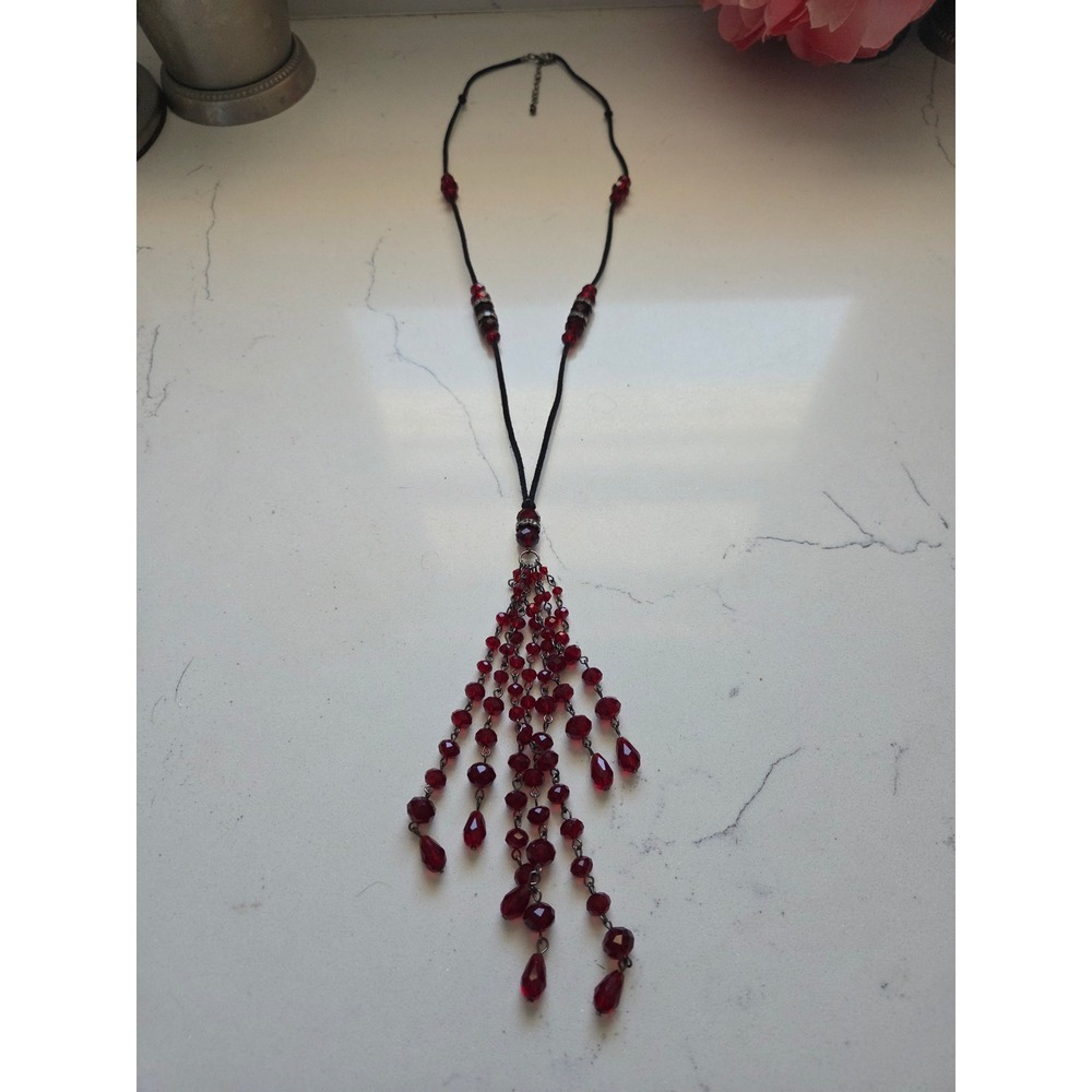 Red Beaded Tassel Long Cord Necklace Gunmetal Adj Statement Jewelry Goth Vampy